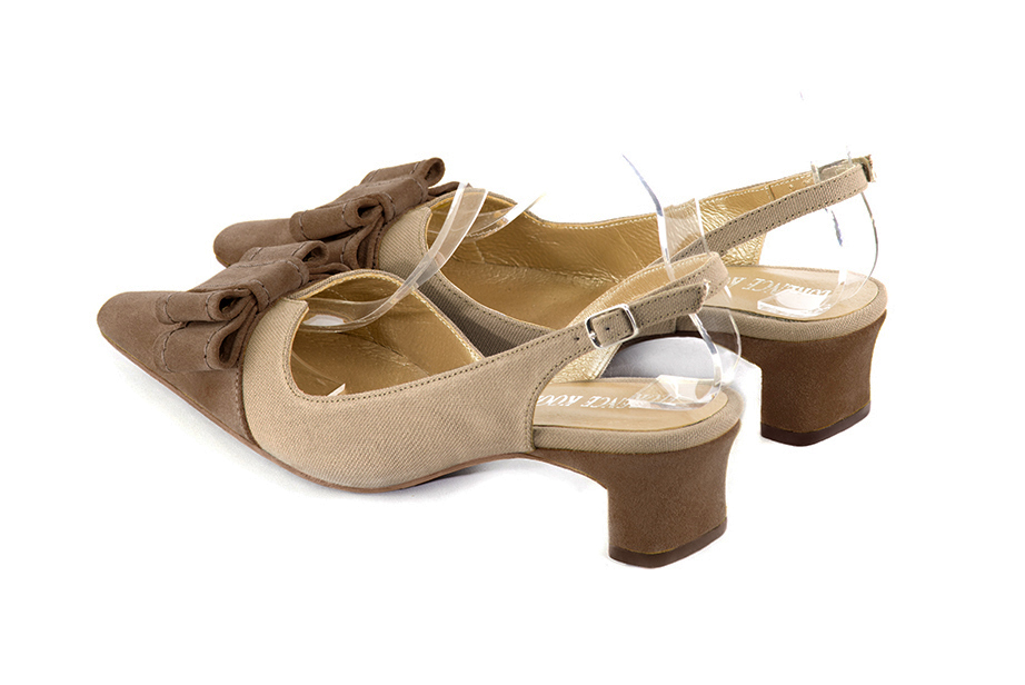 Women's chocolate brown and tan beige elegant slingback heels, with a bow on the front. Tapered toe. Low kitten heels - Rear view